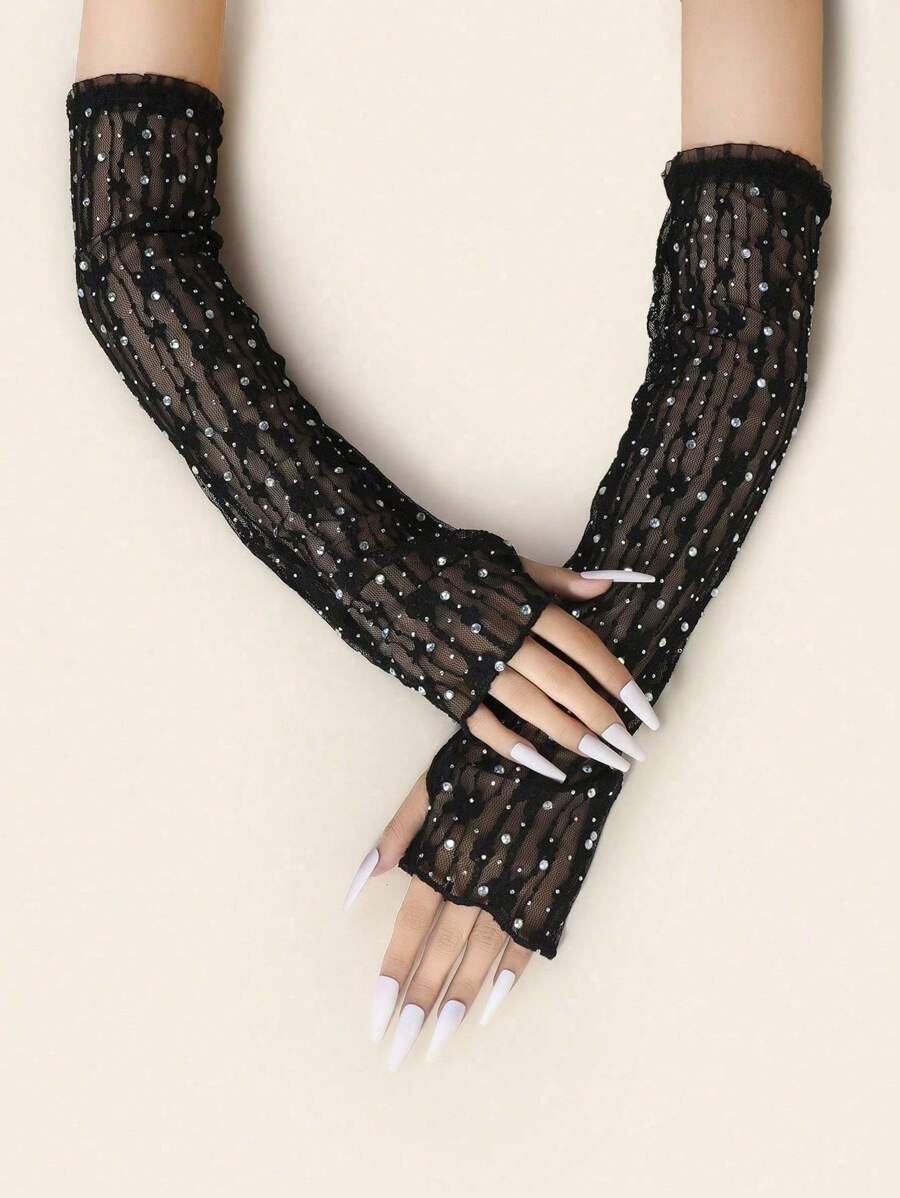 1 Paar Frauen Ganzarm Handschuhe mit vollständigem Strass, neue Vintage Stil Mesh Spitzen lange Braut Hochzeitskleid Handschuhe, schwarz