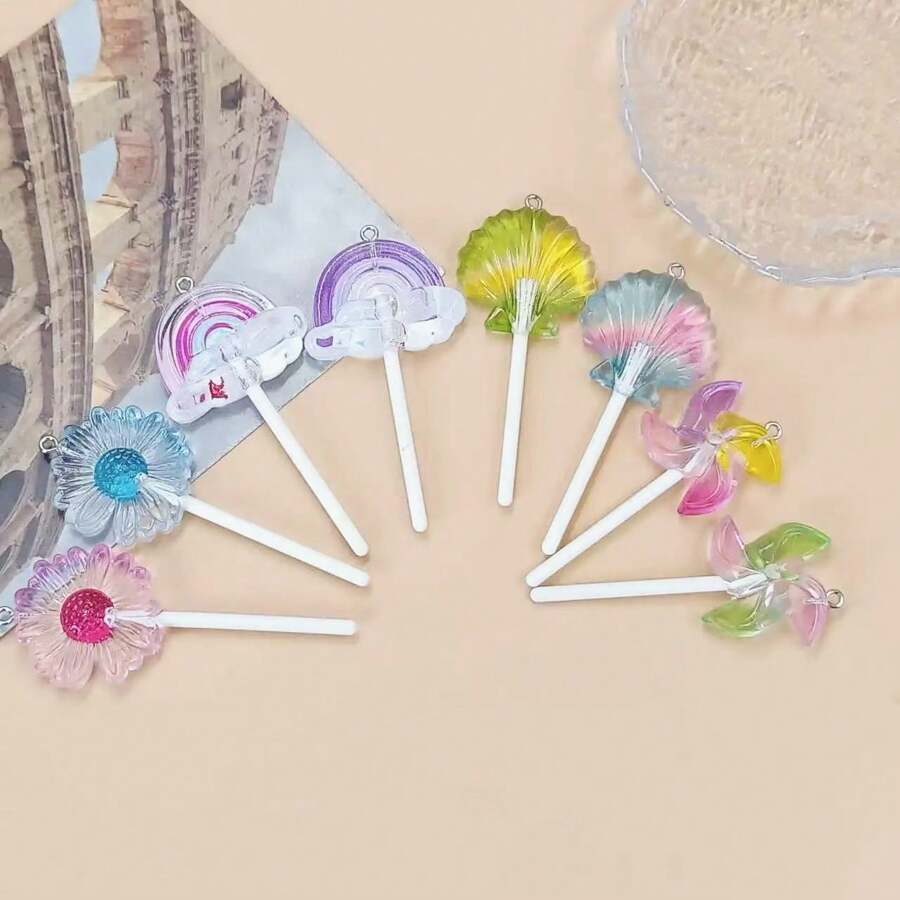 5 peças de brincos com pingente personalizado, colar, chaveiro, joias versáteis, artesanais, tema de pirulito, arco-íris, nuvem, cata-vento, crisântemo, vieira