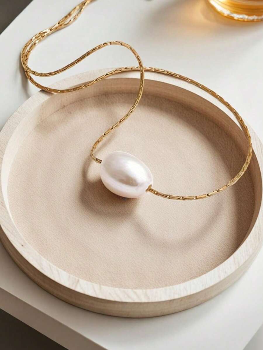 1pc Cultured Pearl & Copper Gold Plated Necklace, Simple & Fashionable, Suitable For Women's Daily Wear, Party, Gift