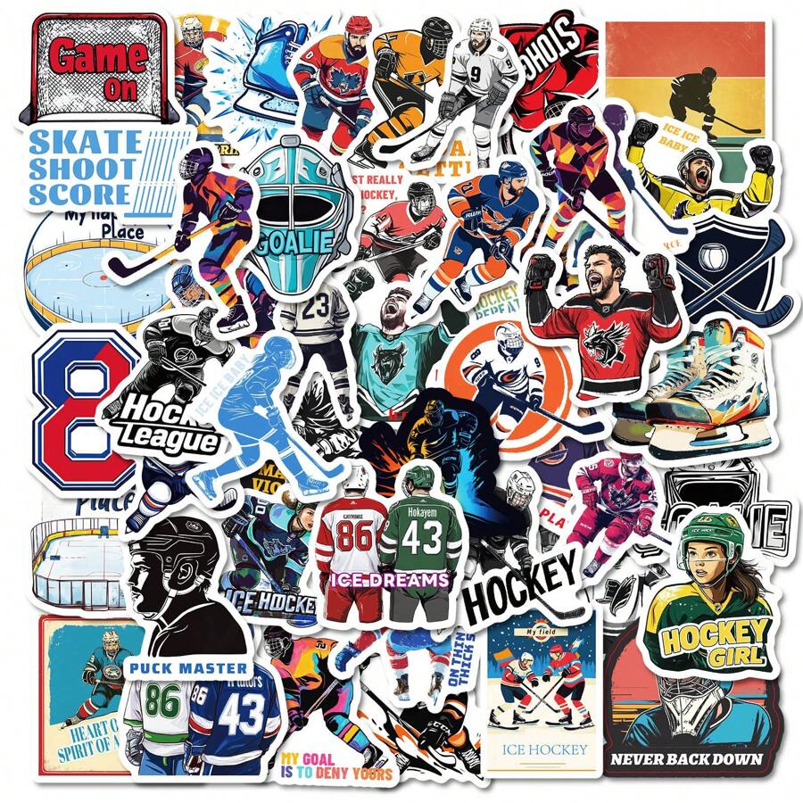50pcs Ice Hockey Themed Stickers, Waterproof Graffiti Decals, Colorful Cool DIY Patches, Glitter Decors, Reusable, Asymmetrical Shapes, PVC Material