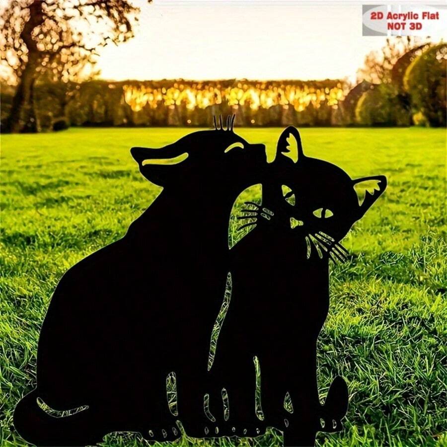 Cartello da giardino in acrilico 2D a forma di due gatti in silhouette nera che si baciano, decorazione da esterno per il prato da installare su un palo, senza alimentazione elettrica, perfetta per 11 festival, decorazione festiva da giardino in stile art déco installata su palo, decorazione di gatti