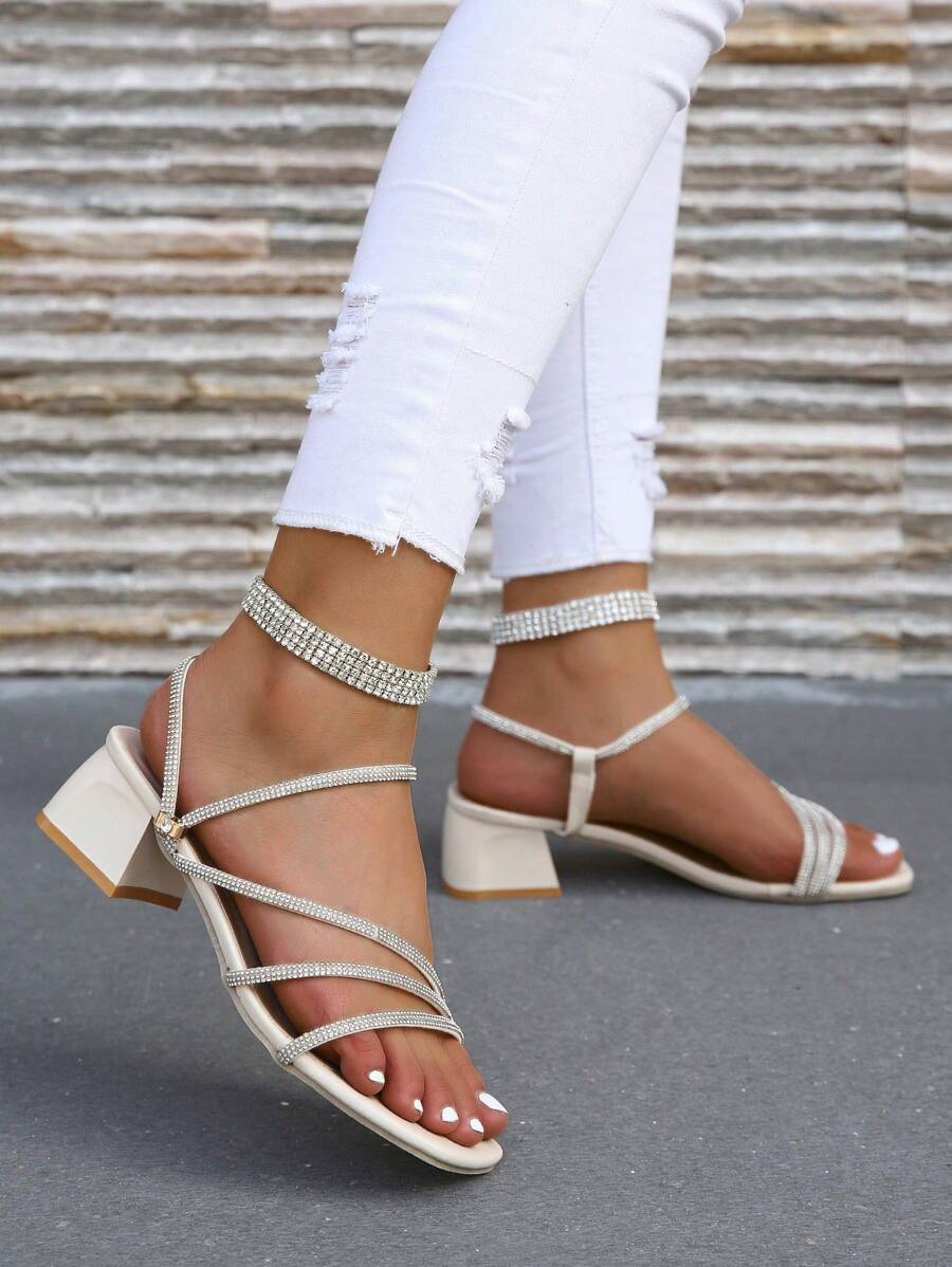 Women's Elegant Outdoor Party Solid Color Fashion Minimalist Rhinestone Decor Comfortable High Heel Sandals, Summer
