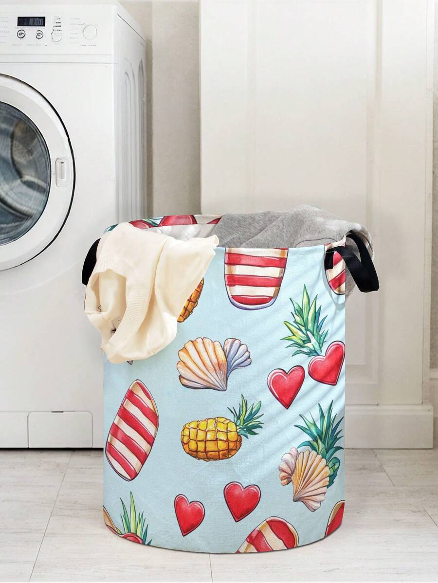 1pc Pineapple Heart Pattern Printed Large Capacity Foldable Round Storage Basket, With Handle, Multi-Purpose Storage Basket For Bathroom, Room, Laundry, Toys, Baby Items, Collapsible Dirty Clothes Hamper Laundry Basket,Basket