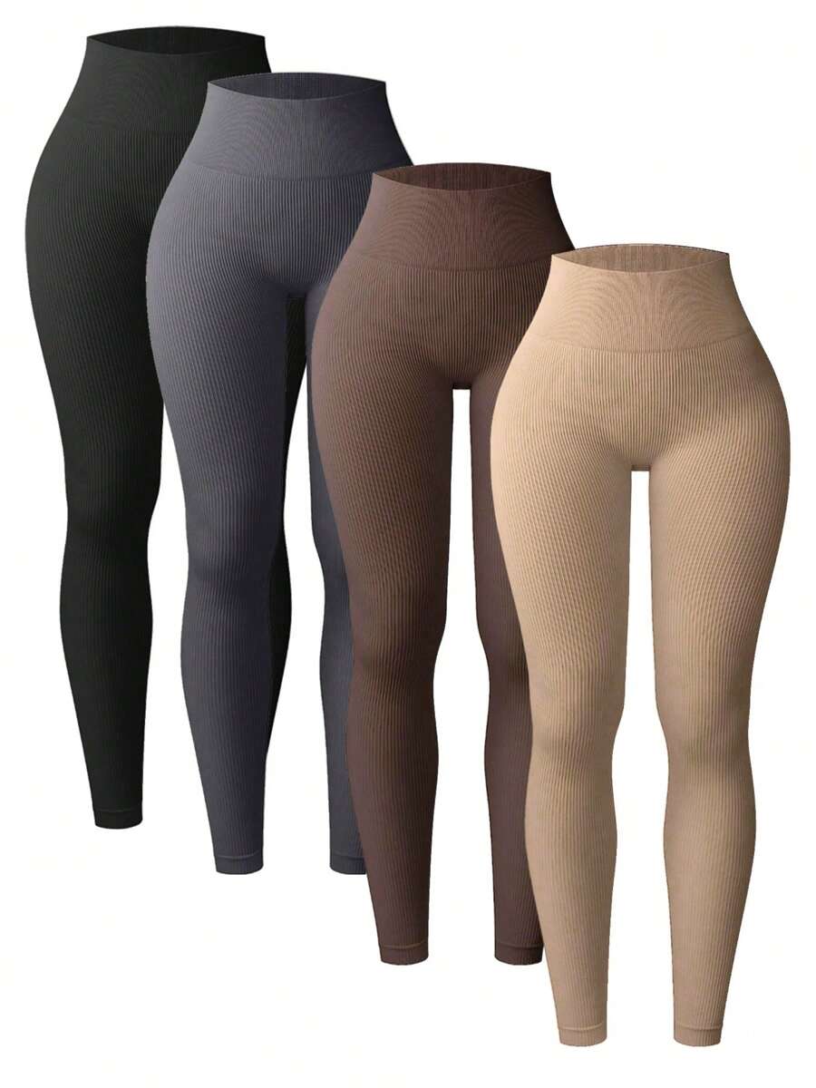 4 Stück gerippte nahtlose Leggings, Outdoor Sport Yogahosen, Fitness Basisschicht Strumpfhosen, dehnbar & vielseitig für Gym oder Lässig Tragen