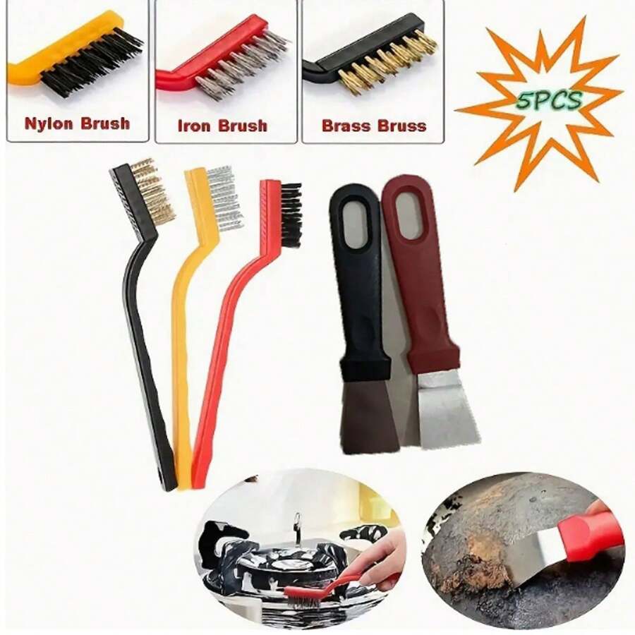 5pcs Kitchen Cleaning Tool Set - Hand-Held Multi-Surface Brush And Scraper For Stove, Range Hood And Dirt Removal - Durable Nylon, Iron, Brass Wire Brush Combo - For Home And Outdoor Use
