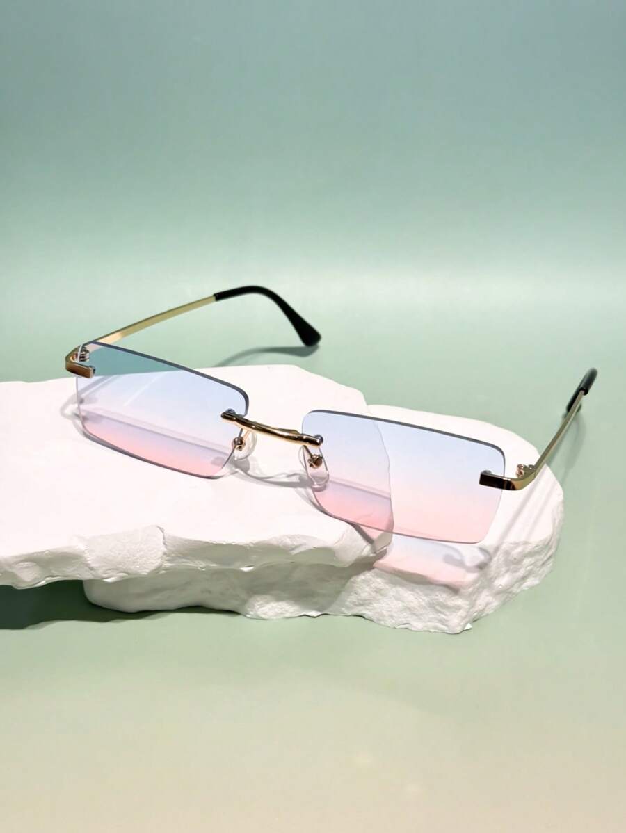 1 par de gafas de sol cuadradas sin montura de estilo vintage con patrón geométrico, versátiles y elegantes, de estilo de moda high fashion Y2K, adecuadas para exteriores y diversas ocasiones
