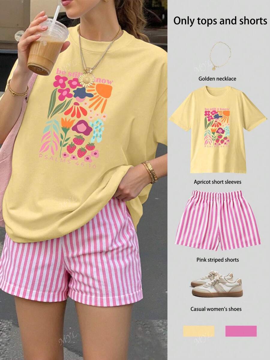 Be Stil & Know Printed Women's Oversize Short-Sleeved Tops And Striped Shorts Set, Summer Tops, Summer Shirts, Casual Women's Wear,