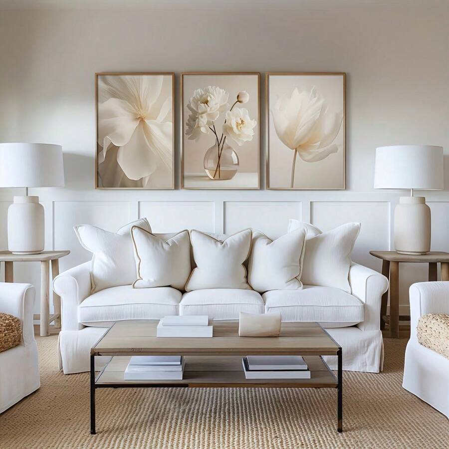 3er-Set schlichte weiße Pfingstrosen Blumen, neutrale moderne Wandkunstdrucke, beige Pflanze Leinwandposter, Fotoblumen Galerie Dekoration, Schlafzimmer, Wohnzimmer, Esszimmer, Flur Kunstwerke, Innenraum Wanddekoration, Ohne Rahmen