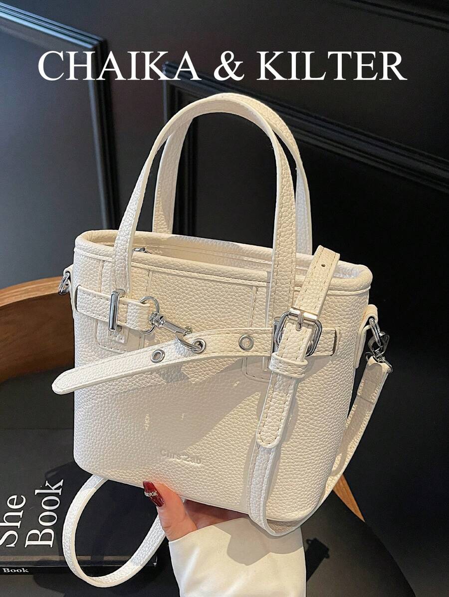 CHAIKA & KILTER 1pc Plain PU Leather Women Handbag, Fashion Litchi Texture Bucket Bag With Metal Eyelets, Dual Handles Design, Zipper Closure, Detachable & Adjustable Shoulder Strap, Suitable For Daily And Outing Use