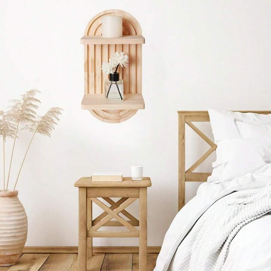 1 Stück Neuer kreativer Wandregal im Boho-Stil mit zwei Ebenen aus Holz für Kerzenhalter & Vase, geeignet für Wohnzimmer, Schlafzimmer, Wandhängendes Regenbogen Boho Kerzenregal für Wohnzimmer, Badezimmer, Schlafzimmer Wanddekoration