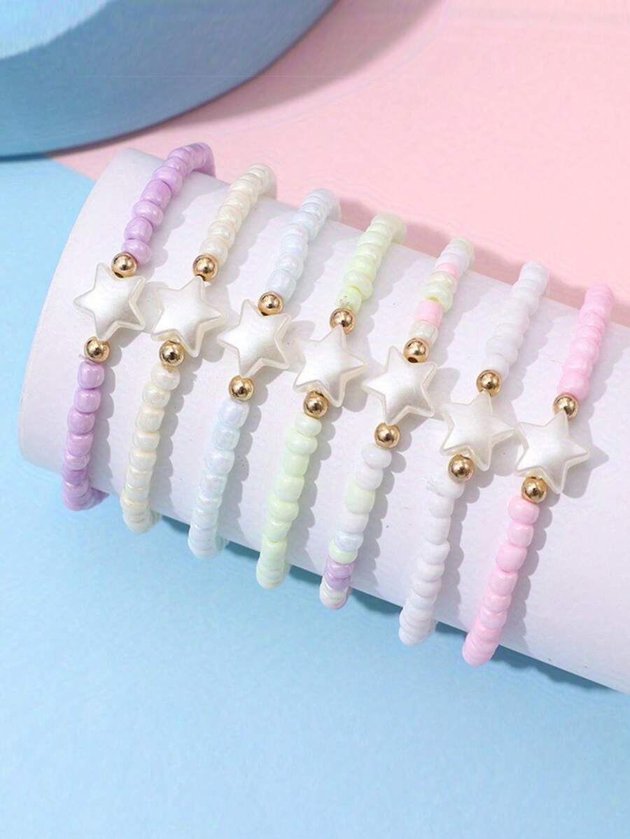 Set de 7 piezas de pulseras con cuentas de corazones, estrellas y dijes de colores para niñas, adecuadas para uso diario, fiestas y regalo de cumpleaños