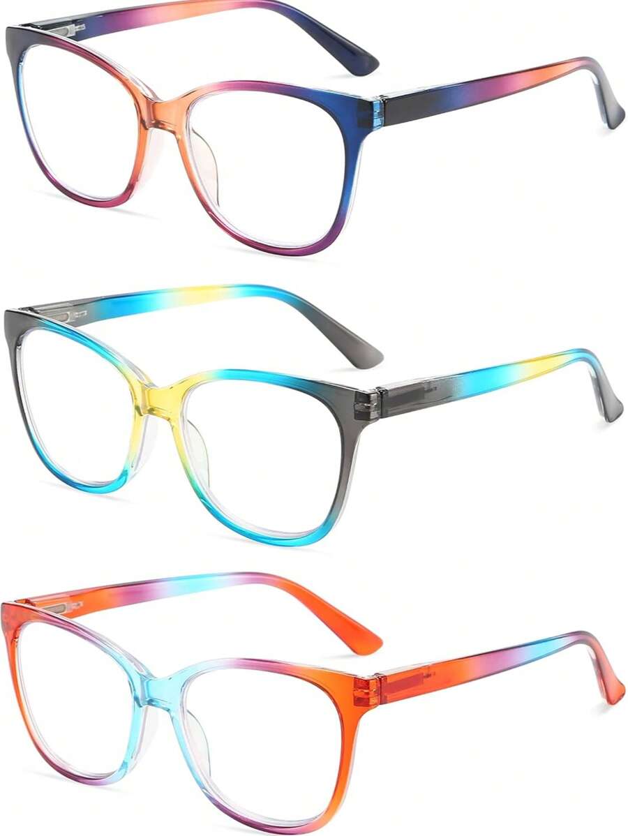 3Pcs Y2K Reading Glasses For Women Men,Geometric Frame,Boho Gradient Colorful Ultralight Frame,Prebyopia Eye Glasses Readers For Daily Reading Office Computer Accessories&Holiday Gifts