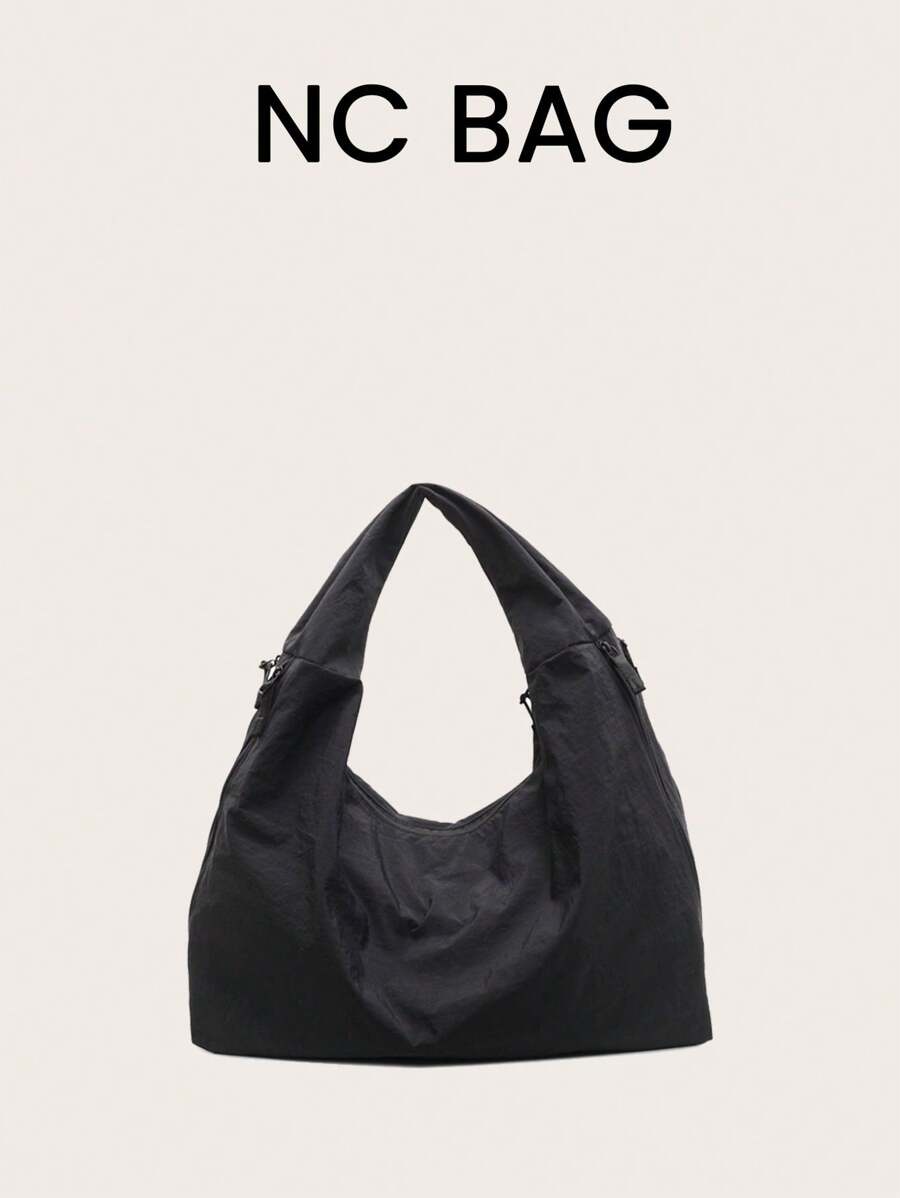 Bolsa de mão em tecido de nylon preto, nova coleção primavera/verão 2025, bolsa de ombro de grande capacidade em cor sólida, bolsa casual de tecido despojado, bolsa tote versátil estilo universitário, simples e moderna, bolsa de viagem com vários bolsos com zíper