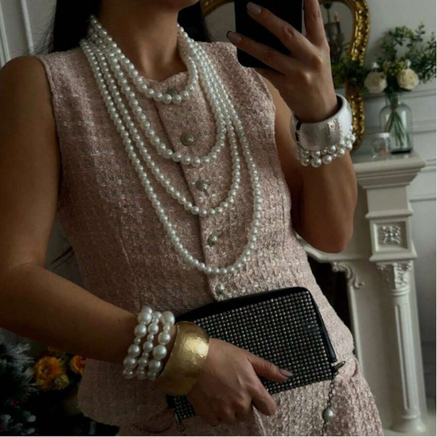 Modischer mehrreihiger Halskette, stapelbares Perlen-Choker-Halskette im europäisch-amerikanischen Stil, vielseitige französische Halskette mit Kunstperlen-Quaste