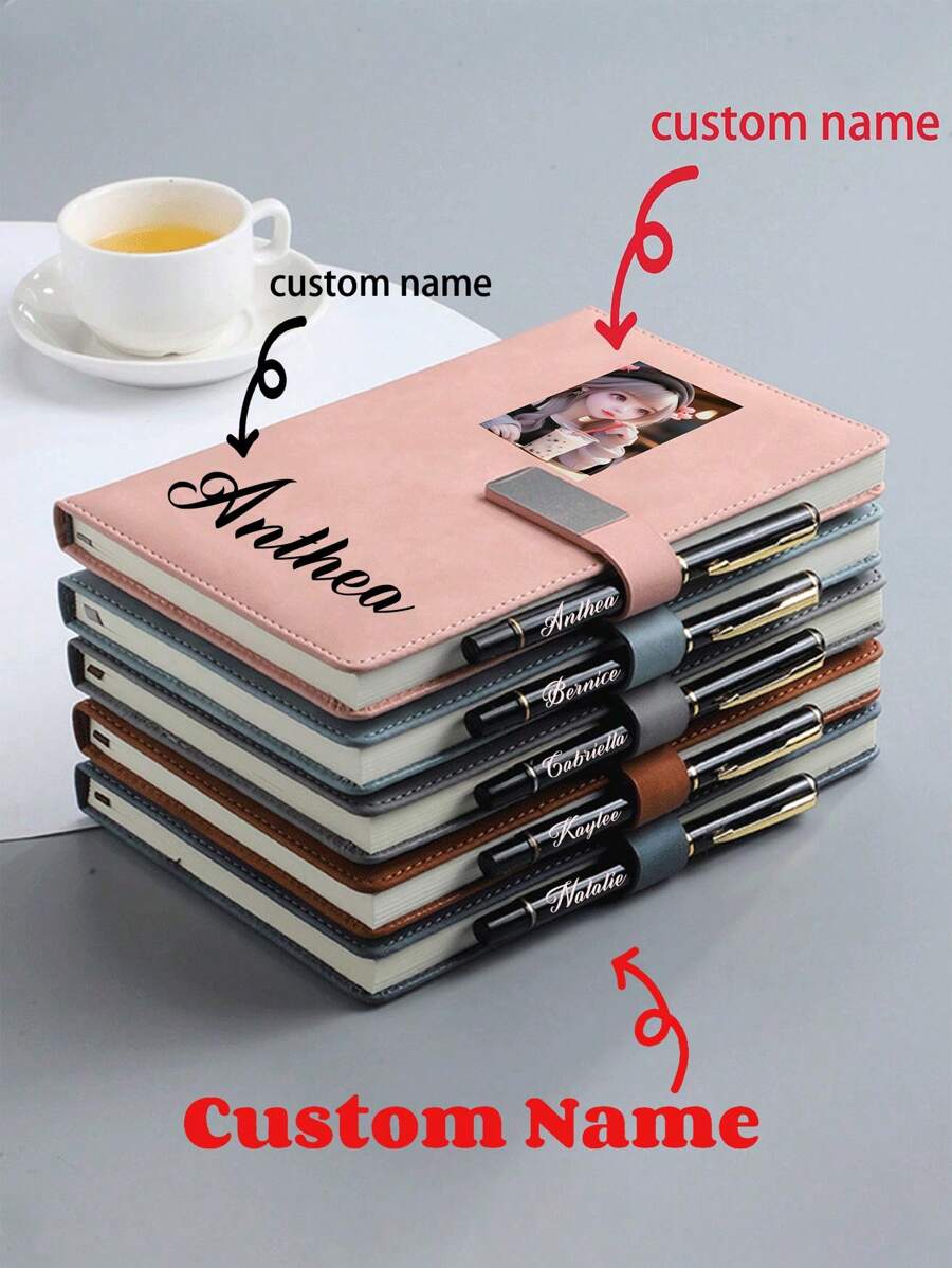 Notizbuch Stifteset mit anpassbarem Logo Schnalle, Lern- und Büroausstattung, Firmenmaterial, Sitzungsprotokollbuch mit individueller Notizblock Unterseite, personalisierter Text, Name, Bild, Schulmaterial, Rückkehr zur Schule