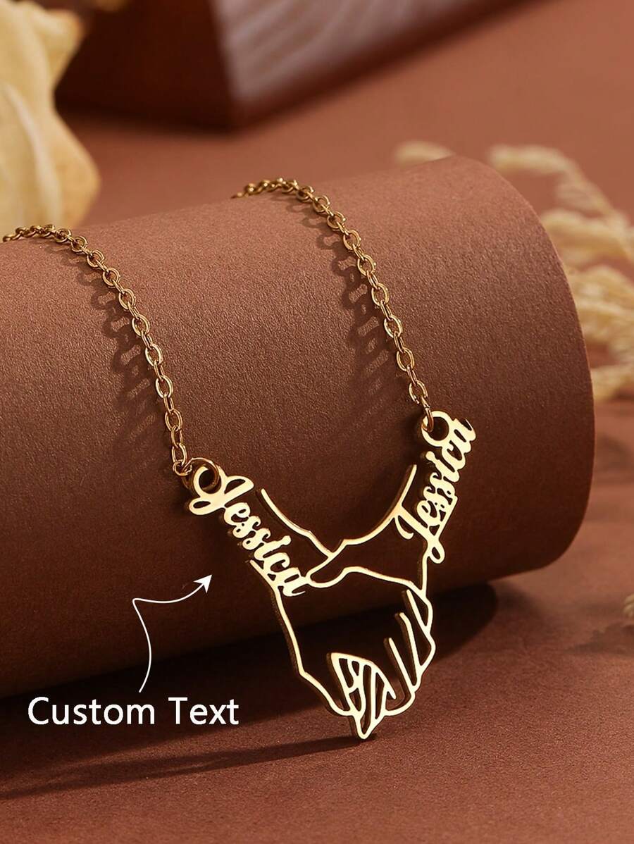 1pc Personalized Custom Name Content Hand In Hand Hollow Pendant Necklace Boy Girl Stainless Steel Jewelry Valentine's Lover Gift