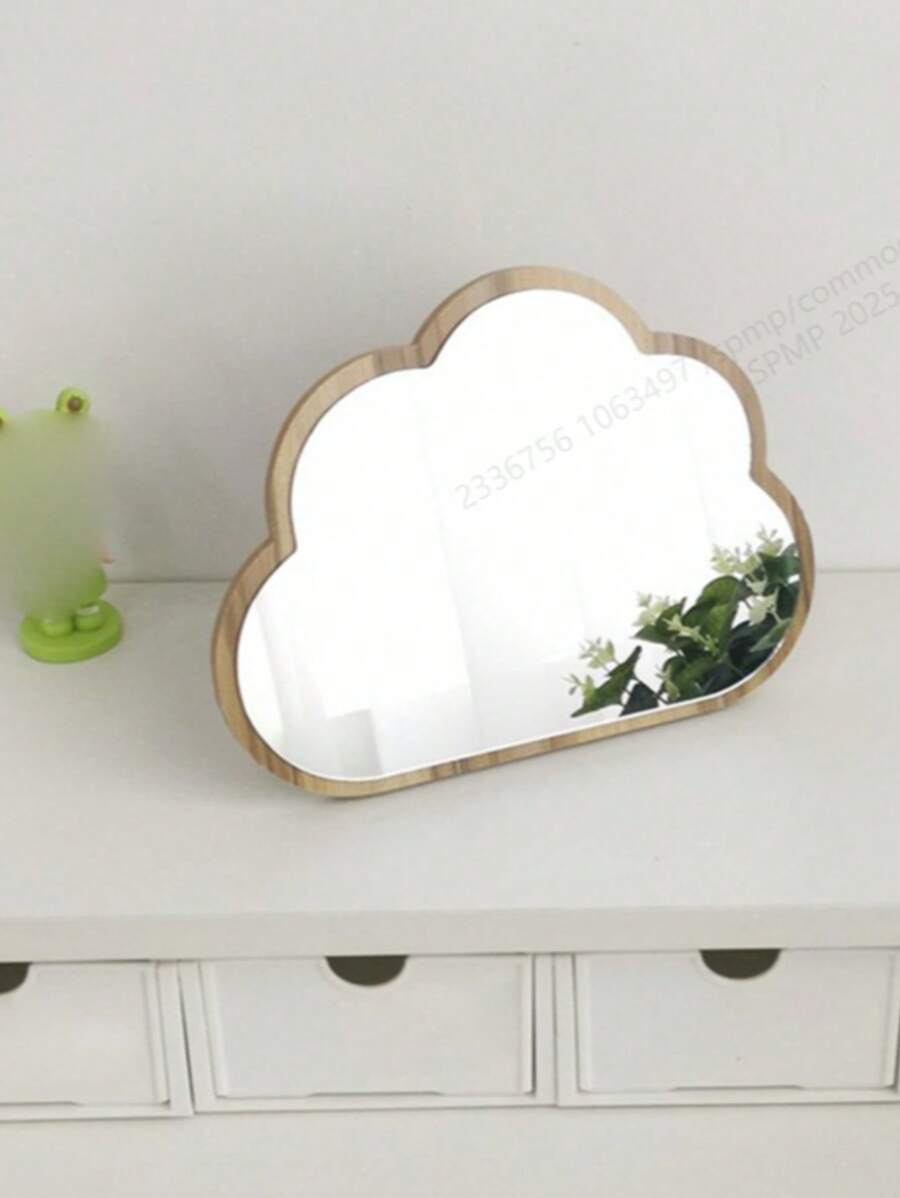 1pc Wooden Cloud Shaped Mirror, High Definition Glass Mirror Surface, Desktop Makeup Mirror, Large Size For Student Dormitory, Portable
