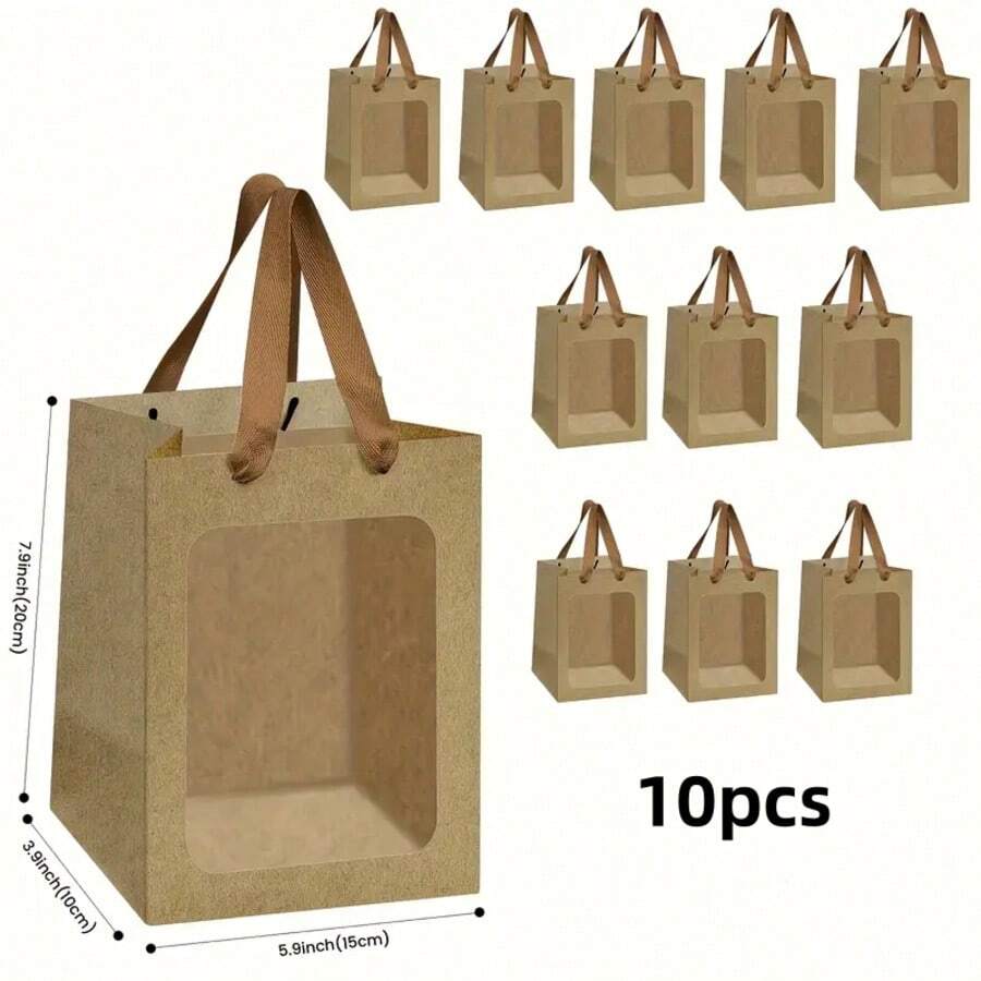 Multi Colored 10PCS Kraft Paper Rectangular Regular Windowed Transparent Gift Bag Size: 20cm * 15cm * 10cm, Suitable For Bridal Gifts, Weddings, Birthday Parties, Various Holiday Gifts, Bouquets, Transparent Windowed Party Handbags
