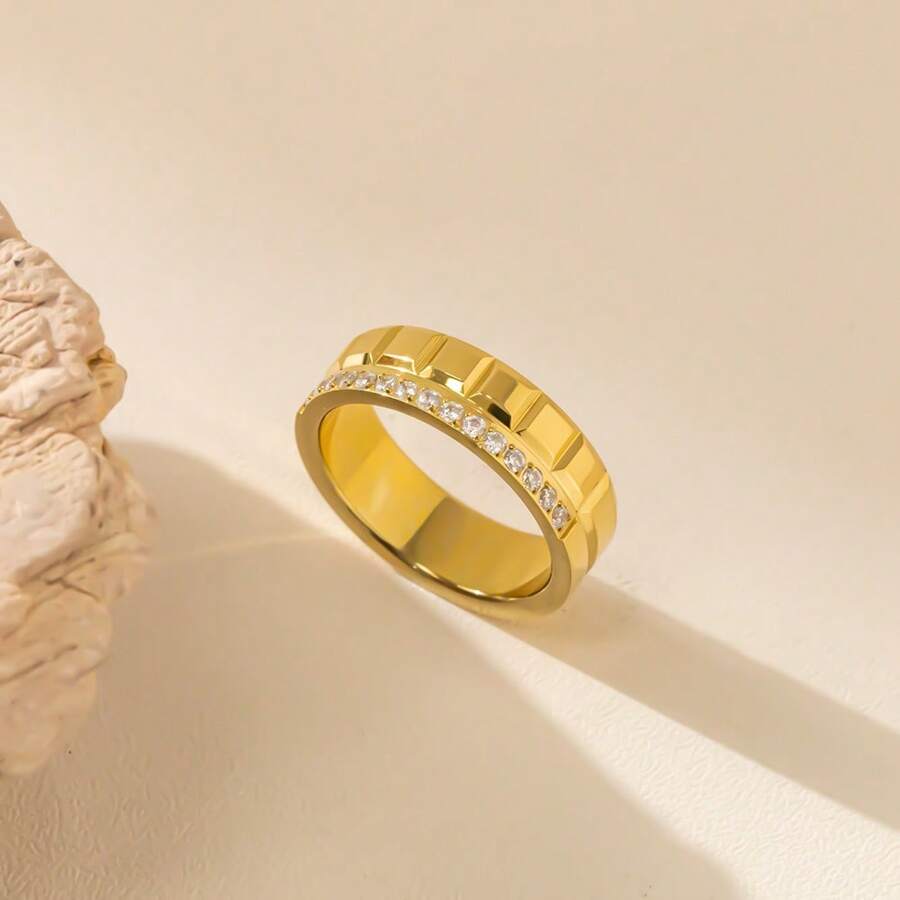 1pc Minimalist Rhombus Gear Shaped Stainless Steel & Zirconia Women Ring, Suitable For Daily Wear And Gift