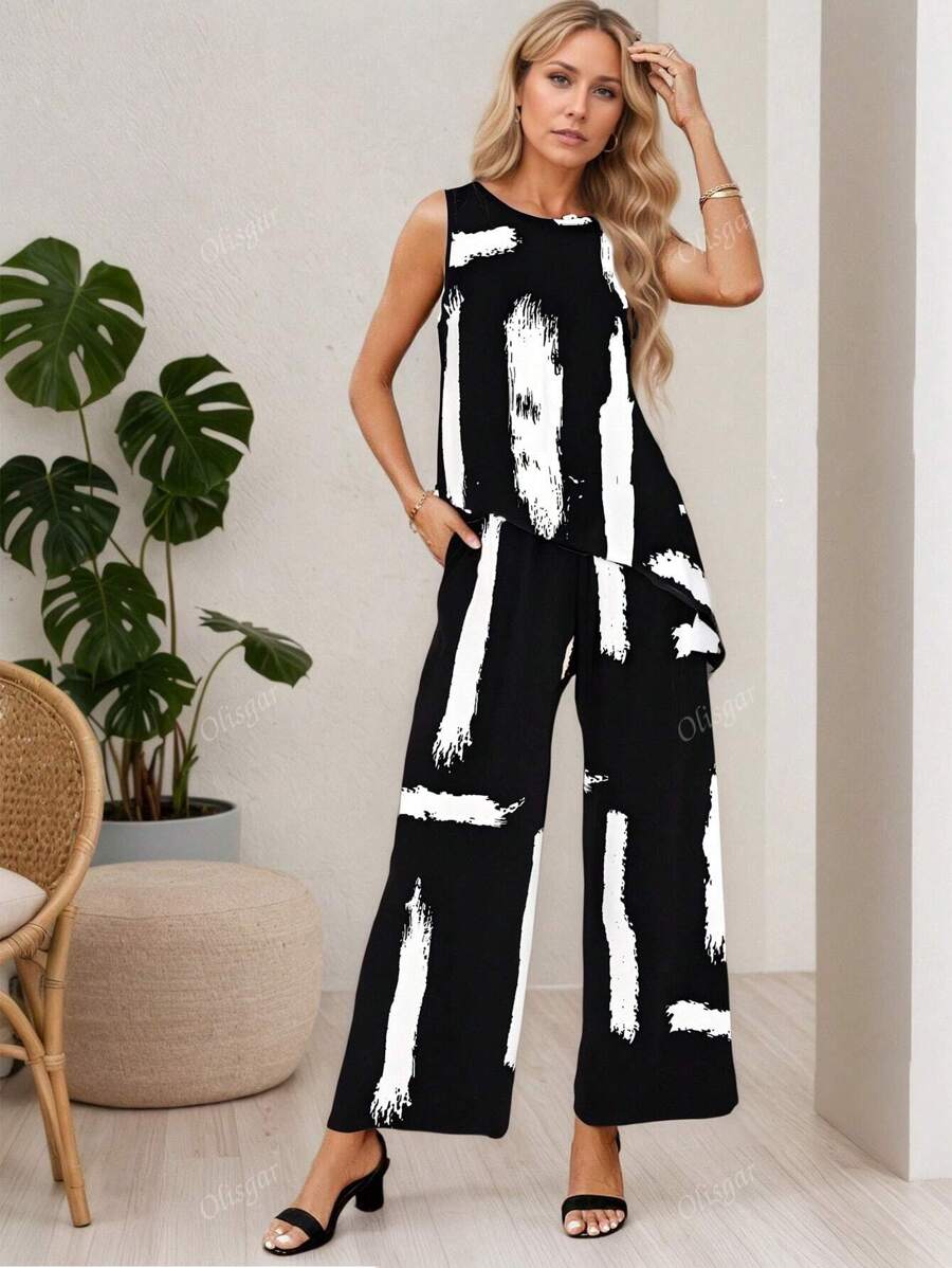 Conjuntos Elegantes Para Dama De Verano,Tops Holgado Asimétrico y Pantalones Anchos Con Cintura Elástica