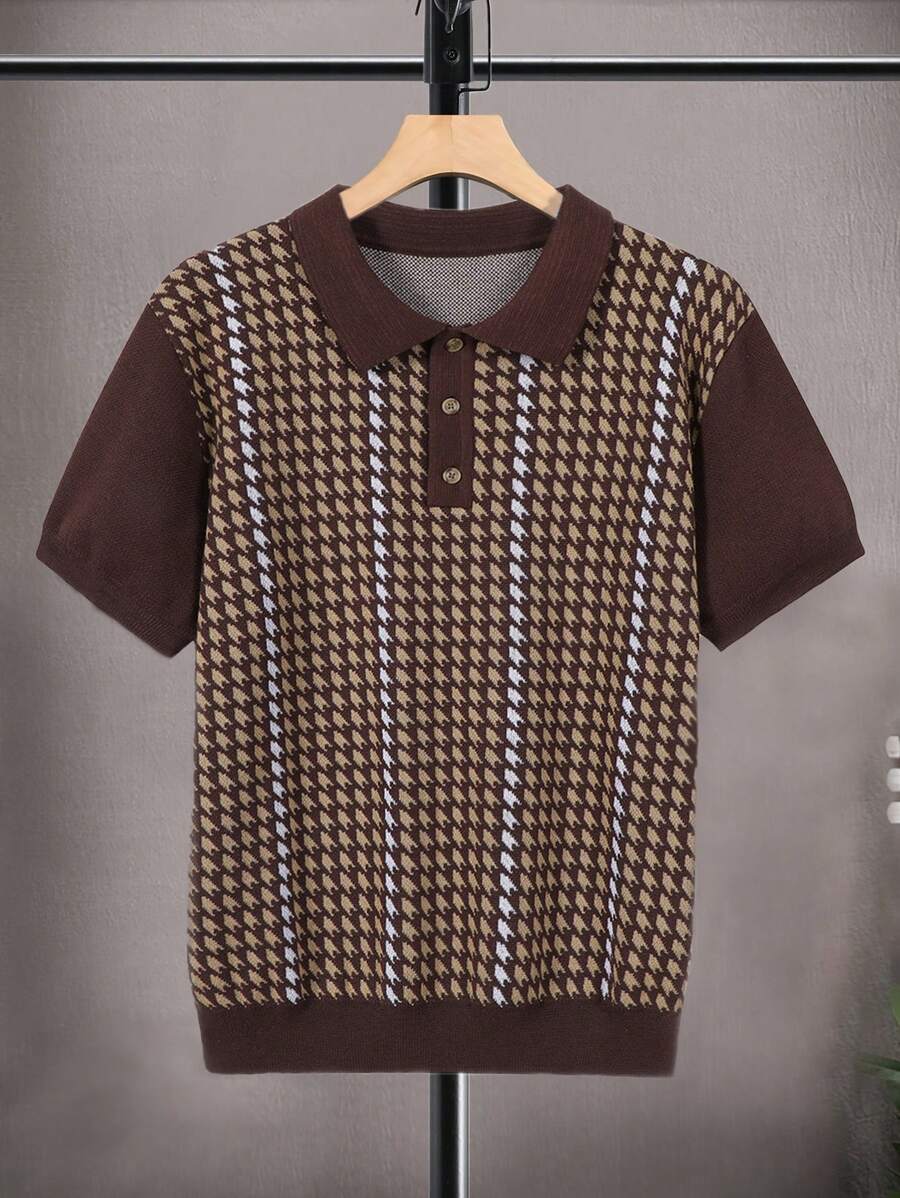 Camisa polo masculina retrô com estampa pied-de-poule de malha e manga curta