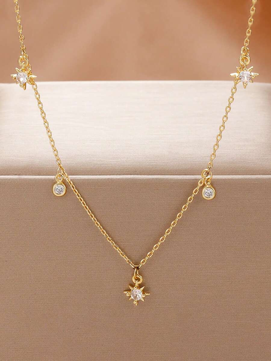 1 Stück Halskette mit Stern-Zirkonia-Anhänger für Frauen, runder weißer Kristall Anhänger Halskette, Schmuck für Valentinstag, Mutter, Muttertag, Geschenk