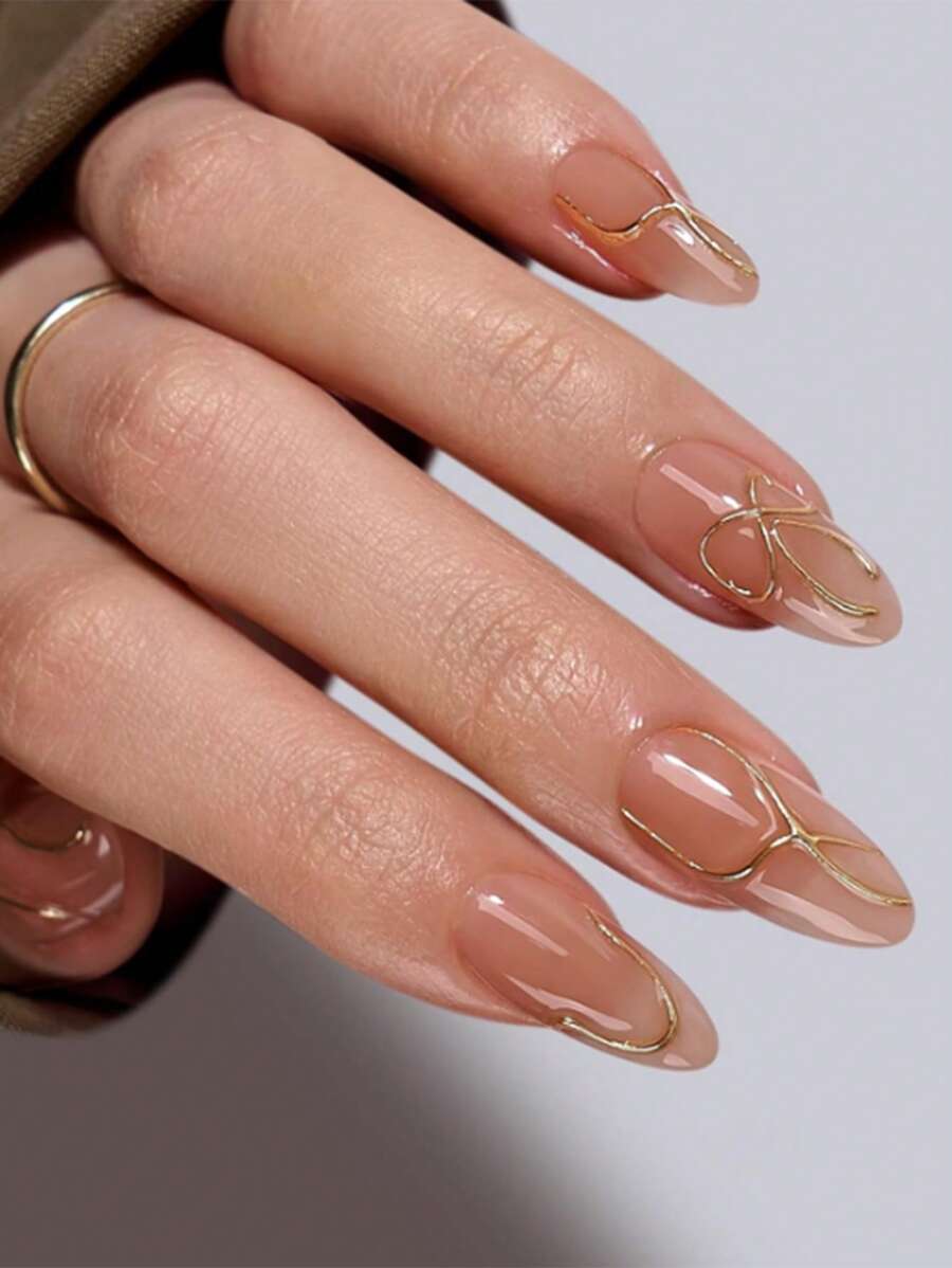 24 szt. Krótkie migdałowe zdobienie paznokci French Nude Apricot Golden Line Bow Press On Fake Nails Set
