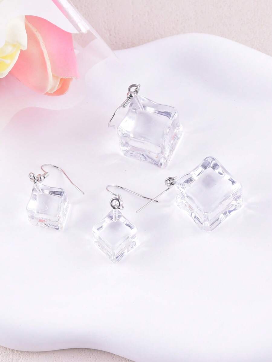 1 par de pendientes con cubos de hielo transparentes, joyería de fiesta