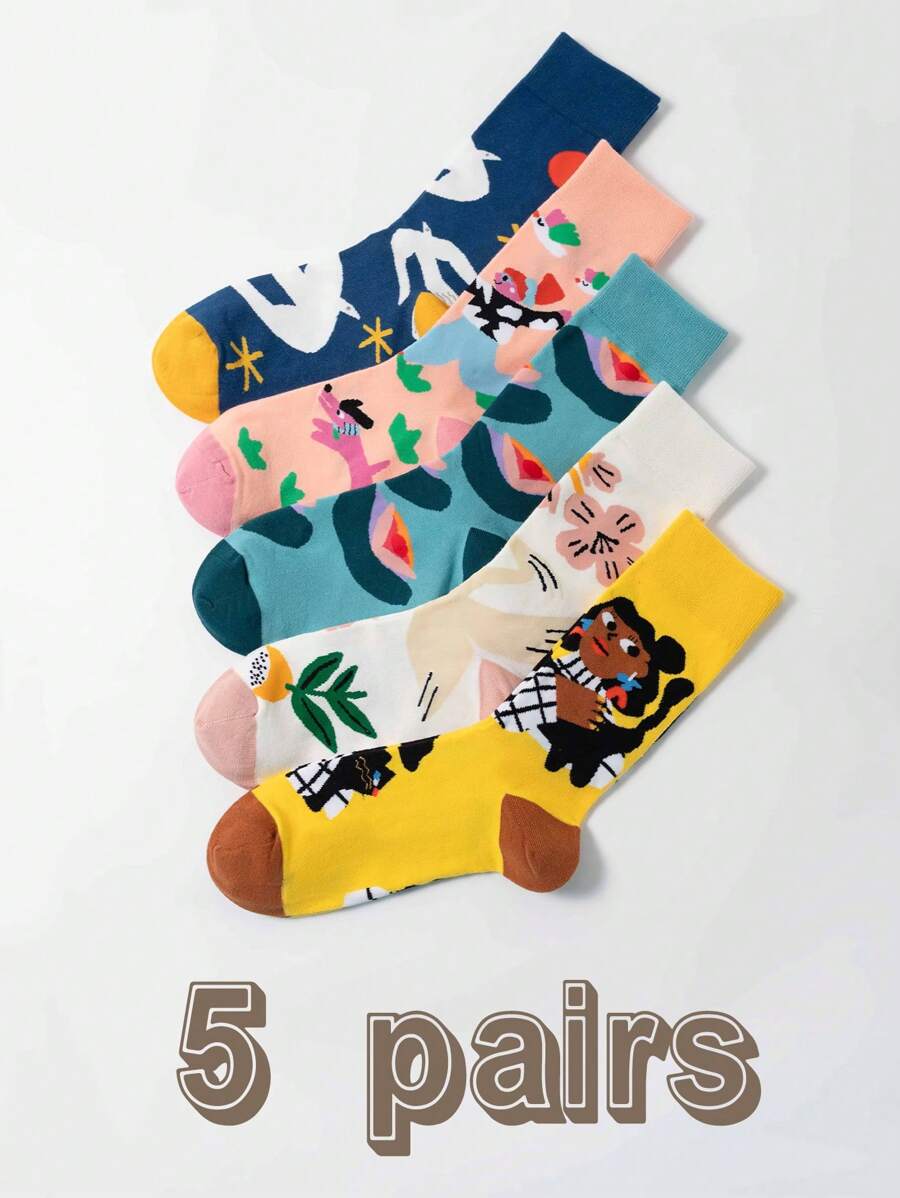 5 Pairs Mixed Color Art Illustration Cartoon Figure & Animal Pattern Fashionable Mid-Calf Socks, Great Gift For Family And Friends