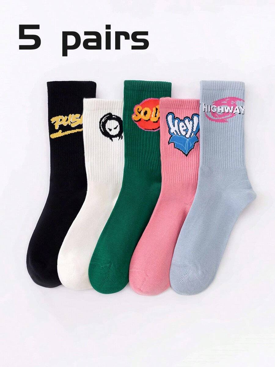 5 Pairs Unisex Mixed Color Letter Pattern Mid-Calf Socks, Streetwear Socks Suitable For Daily Wear