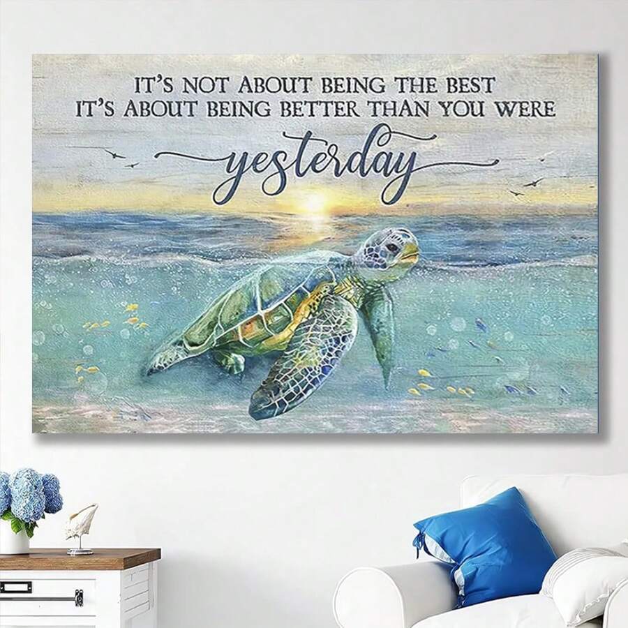 Framed 1PC Inspirational Sea Turtle Canvas Art Print Vibrant Ocean Scene, Ready To Hang Wall Decor For Bedroom & Living Room, Modern Coastal Turquoise Design With Motivational Quote, Living Room Decor|Coastal Wall Art|Readytohang Canvas, Turtle Decor