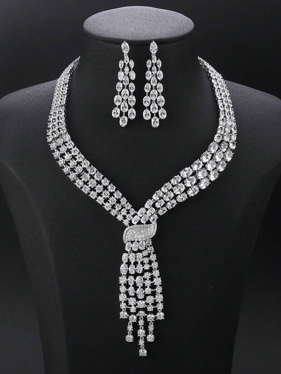 3 Stücke/Set Luxus Kubikzirconia Schmuck Halskette & Ohrringe, modische personalisierte Halskette zum Abendkleid, Valentinstag, Feiertagsgeschenk