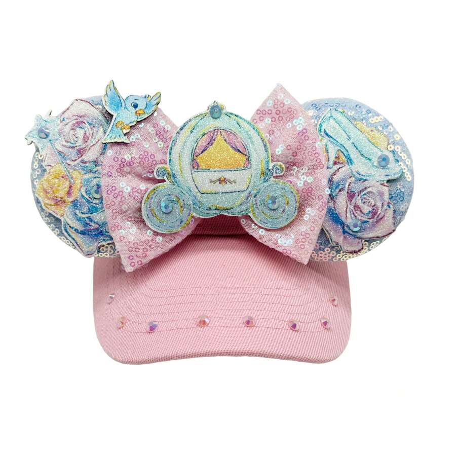 Disney Sombrero con orejas con forma de carroza de calabaza con lentejuelas, sombrero decorado con lazo brillante, diadema con decoración de parque temático, accesorio de disfraz