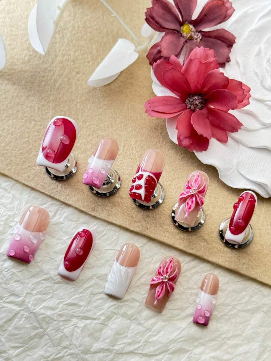 10 Peças de Unhas Feitas à Mão, Design de Efeito Tie Dye 3D, Linhas Desenhadas à Mão, Contas, Flores Entalhadas, Tipo Caixão são Clássicos Feitos à Mão por Mulheres e Meninas, com 1 Peça de Gel e 1 Peça de Lixa Anexadas.