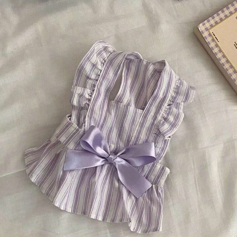 Summer Lightweight Striped Mini Cap Sleeve Pet Dress, Butterfly Sleeve Design, Soft Lavender Color, Comfortable