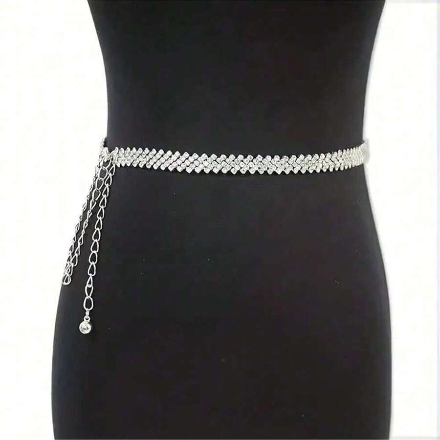 Elegant Large Crystal Waist Chain, Adjustable Silver Metal Sparkly Belly Chain For Women, Body Jewelry Waist Belt Decor For Dress