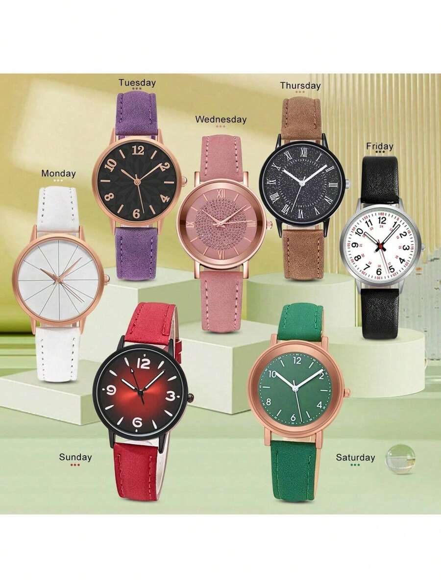 7pcs/Set Women Watches Set Quartz One Week Watch Combination For Women Clock Pu Leather Wristwatch Ladies Casual Watch Sets Festival Gift
