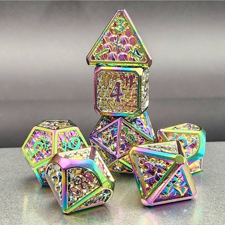 7 pièces Ensemble de dés polyédriques de haute qualité et de luxe, avec une texture de motif écaille de dragon, en métal plein de couleurs vives. Convient pour les jeux de rôle, les jeux de plateau et les jeux de cartes