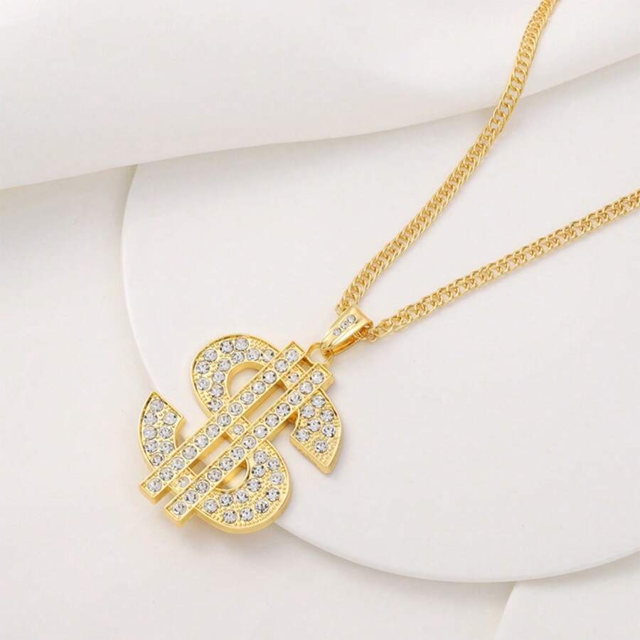 1 pieza Collar con dije de signo de dólar de strass con diseño exagerado al estilo europeo y estadounidense de hip-hop, collar unisex con dije de dólar de strass