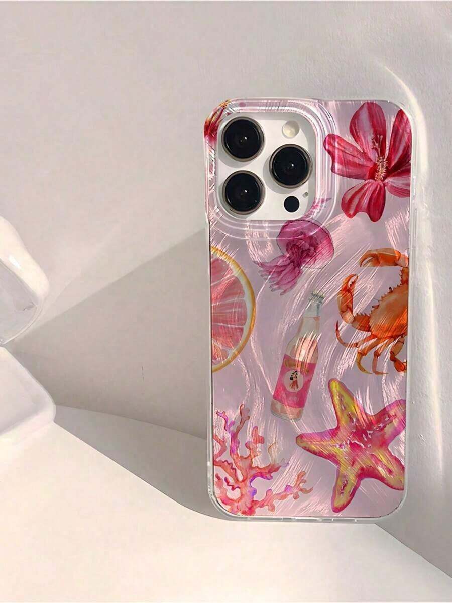 1pcs Bright Blue & Orange Seascape Shell Design Shiny Waterproof Shockproof Non-Slip Soft Phone Case Protective Cover, Compatible WithIphone