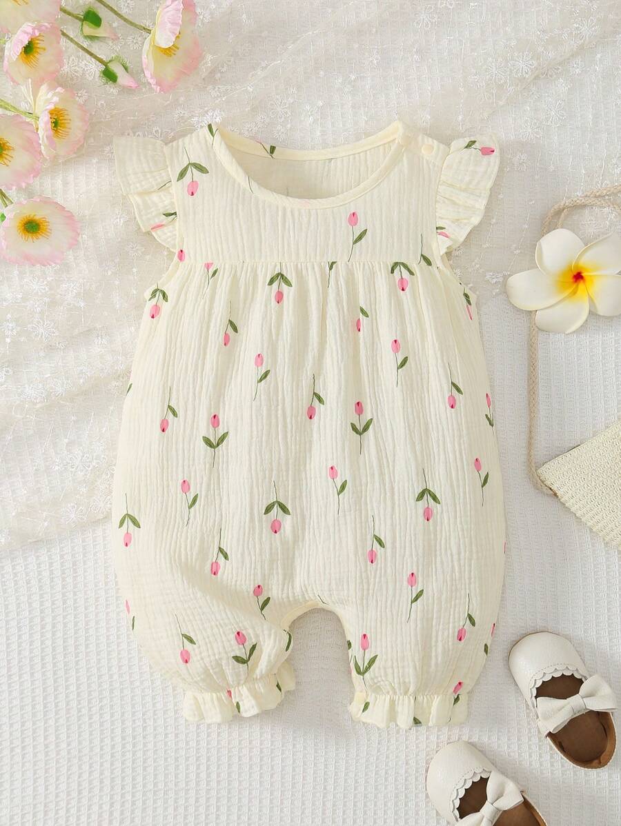 MommBaby Conjunto de mamelucos y pantalones cortos de niña recién nacida con manga de volante y abotonadura, diseño floral, lindo y cómodo atuendo de verano
