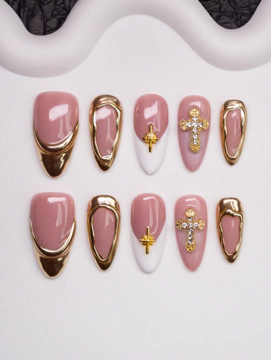 Spring/Summer Handmade Almond-Shaped Nail Tips With Y2K Chic Style, In Nude, White, Gold Colors Featuring Cross, Star, Asymmetrical Metallic Design, Suitable For Women & Girls To Wear At Parties, Weddings, Daily Life. 10pcs/Set With 3 Sizes, Includes Nail Tools, Great Gift For Ladies