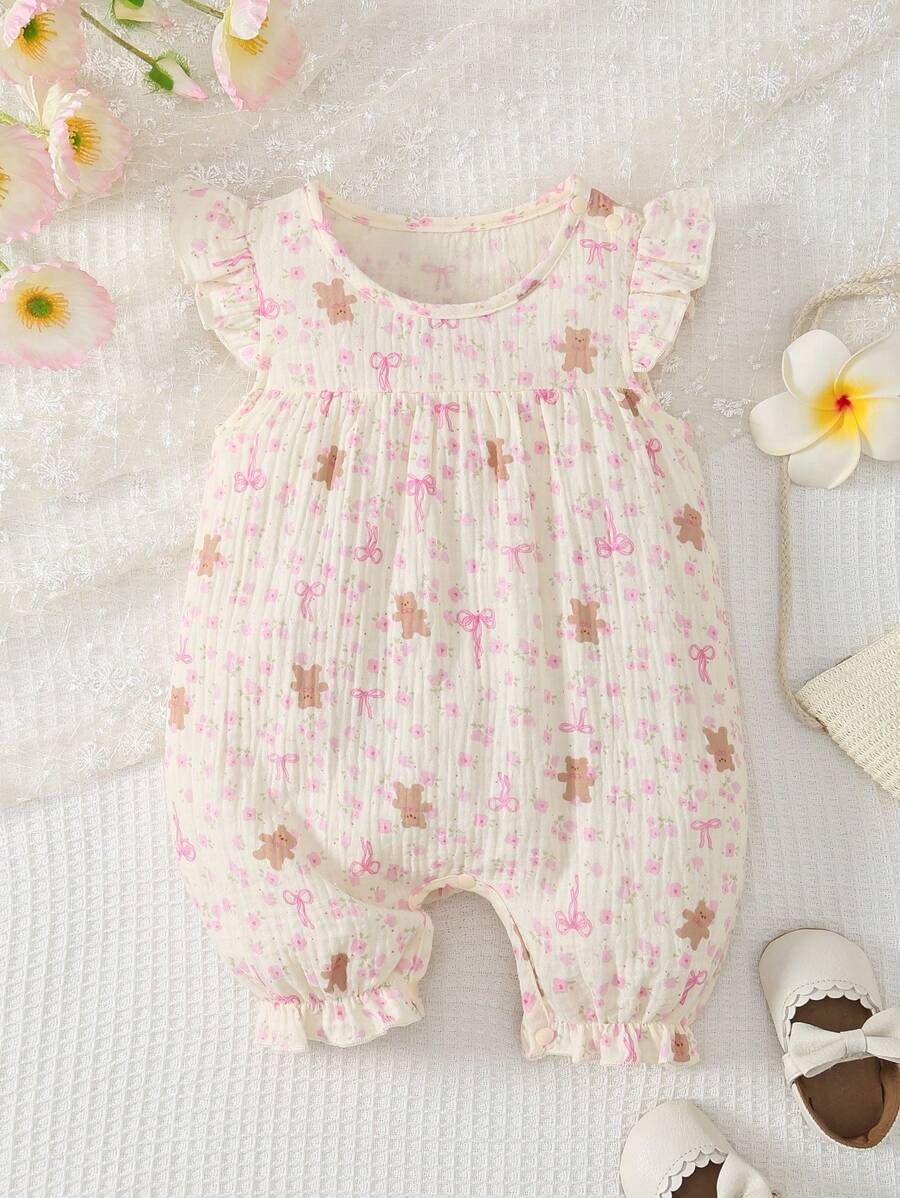 Mono de manga corta con estampado floral y lazo para recién nacida - Mameluco de bebé niña, mono de verano suave y cómodo