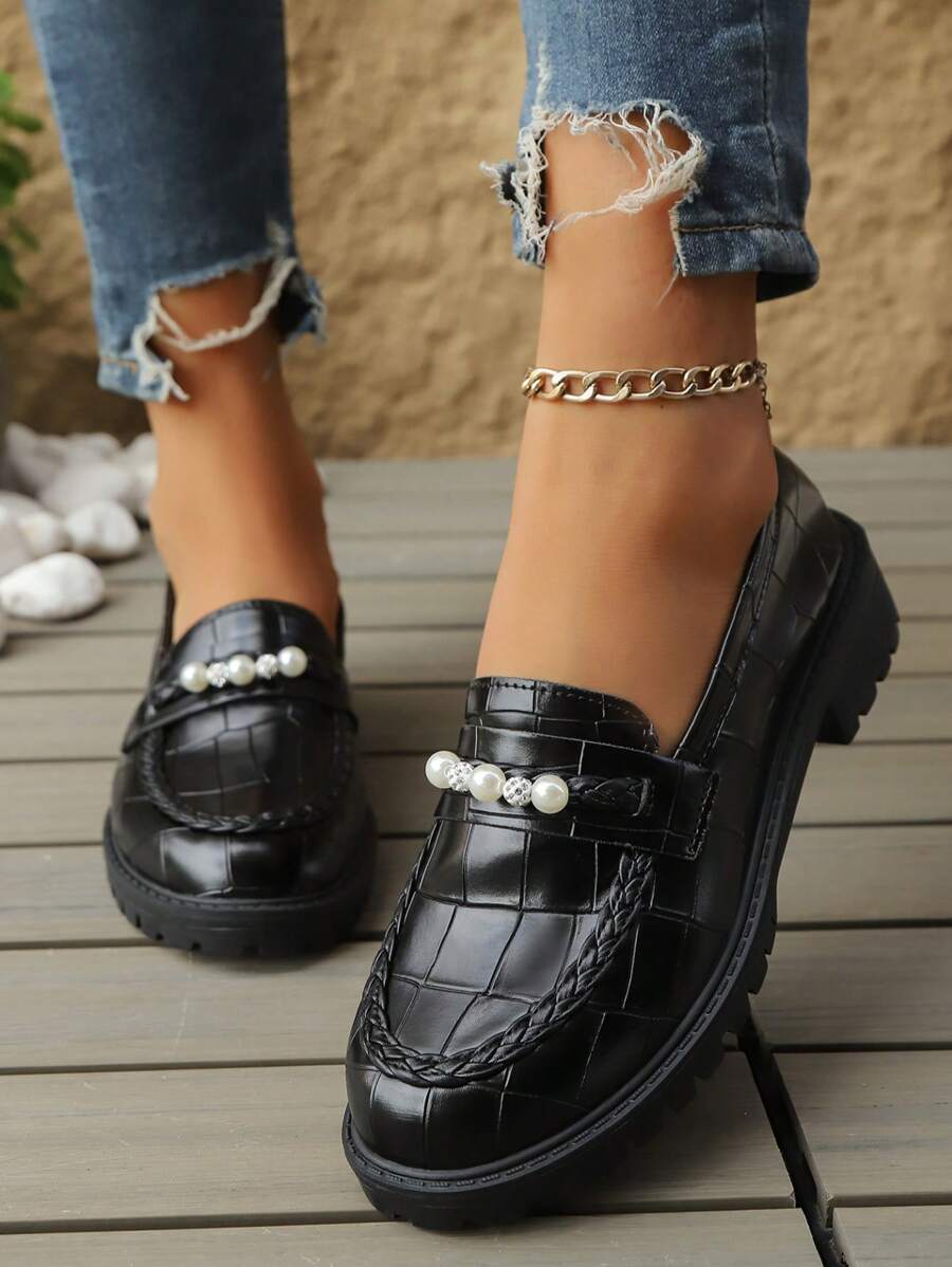 Black Patent Leather Mary Jane Platform Oxford Shoes For Women, Chunky Sole Pearl Decor French Style Loafers, 2025 Spring Autumn New Collection