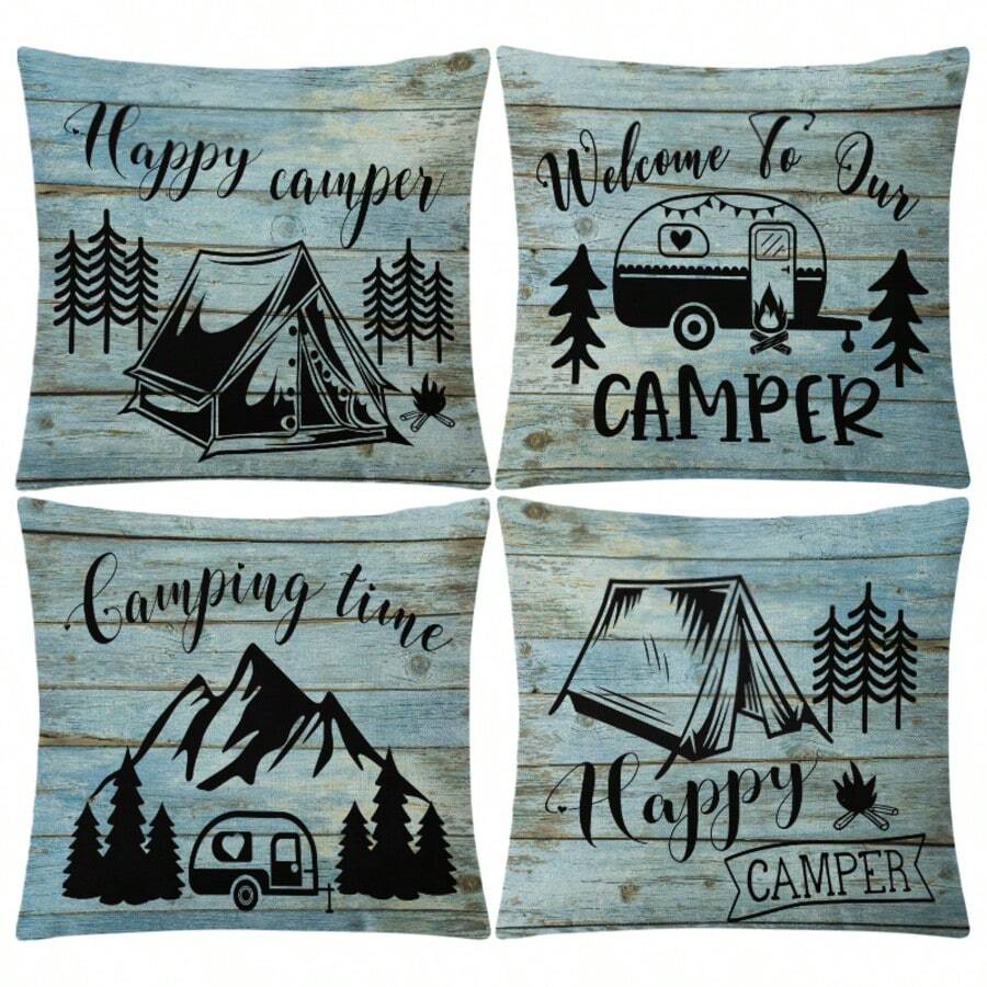 4pcs Outdoor Camping Linen Printed Square Pillow Case, Without Pillow Insert, Suitable For Living Room, Bedroom Decor, Sofa & Car Cushion Cover, Applicable For All Seasons