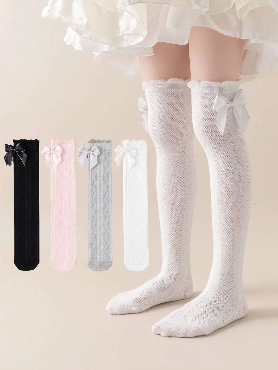 1/2/3 Paar Rhombus Spitze Schleife Mesh Overknee Socken, minimalistisch vielseitig atmungsaktiv Kinder/Schüler Socken