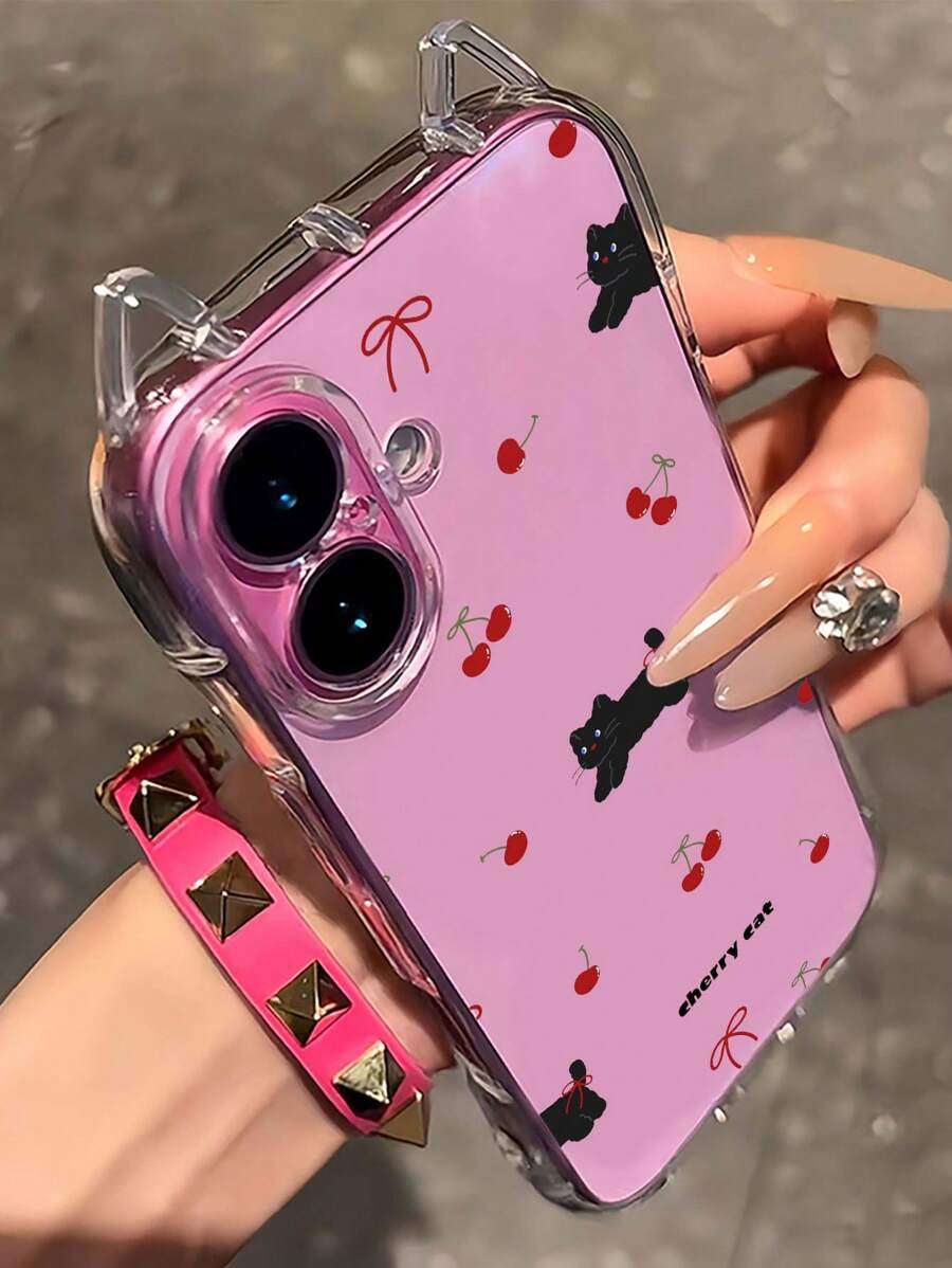 1 pieza Funda de teléfono transparente con gato negro y cereza, diseño de orejas de gato, cojín de aire anti-caída, funda de TPU suave de 1.5 mm con orificio para cordón, apta para iPhone 16/16Pro/16PLUS/16Promax/15Promax/11/12/13/14/15Plus/15Pro/14Pro/13Pro/16E