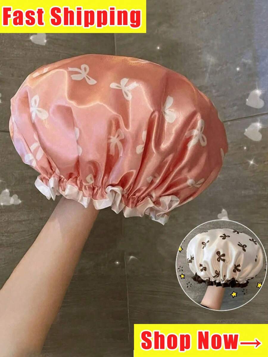 Double-Layer Waterproof Bath Cap With Bowknot Pattern Shower Cap, Hair Cover For Kitchen And Home Use. Elastic Reusable Bathing Cap Printed Shower Hat Bath Hat Beauty Salon Spa Shower Cap For Women Girls.Large Waterproof Satin Shower Caps Adjustable Bath Hair Caps Silky Fabric Lined Bathing Hair Cover Wraps Bonnets Hair Protector For Women Girls.Mother's Day Gift. Back To School