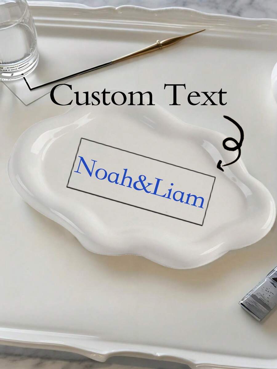 1pc Customized White Ceramic Tray With Text, Simple Ins-Style Clouds Design Luxury Decorative Tray, Home Living Room Decor, Jewelry, Keys, Pearls And Small Items Storage Tray