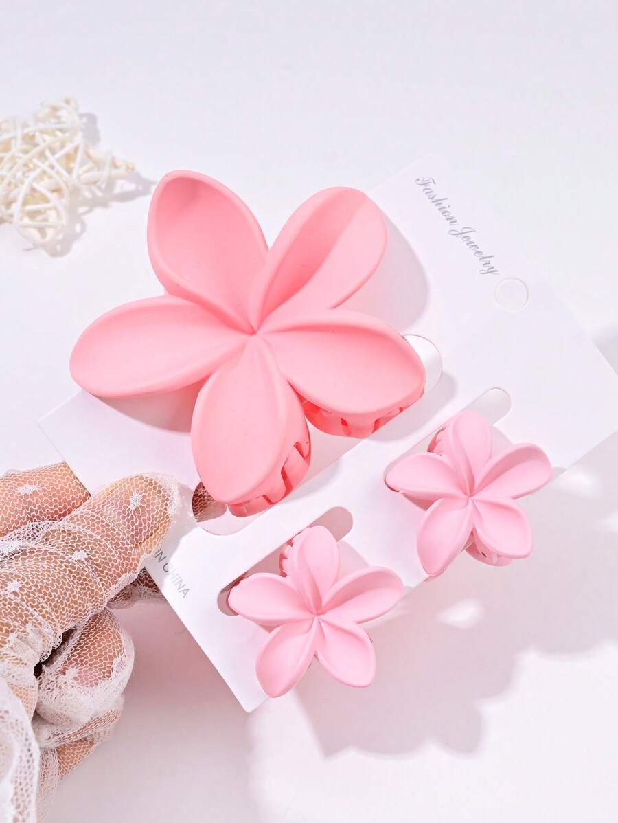 3 Pcs Solid Color Boho Style Cute ABS Plastic Flower Hair Clips For Women, Pink, All Season Hair Claw Claw Clips Hair Jaw Clip Hair Clamps